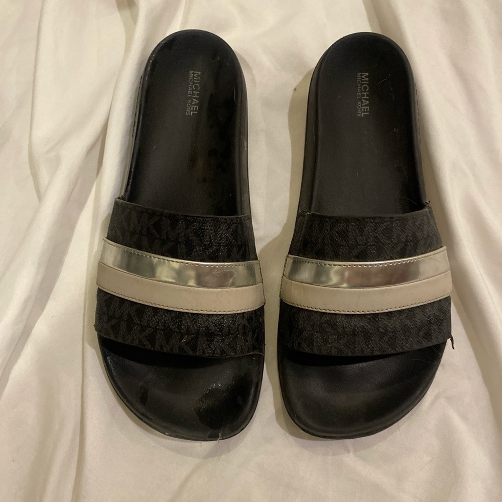 Michael Kors Black Slides with Silver Logo